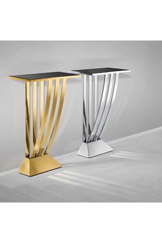 two modern tables with gold and silver accents