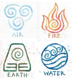 four different logos with water and fire painted on them