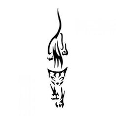 a black and white drawing of a cat with its tail curled up in the air