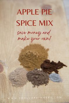 the ingredients for apple pie spice mix on a wooden board with text overlaying