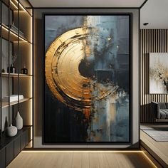 an abstract painting on the wall in a living room with wooden flooring and shelves