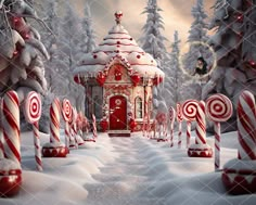 a christmas scene with candy canes and a small house in the snow surrounded by trees