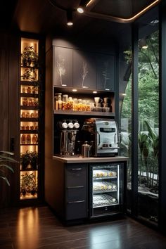 a kitchen with an oven, refrigerator and shelves full of food on the counter top