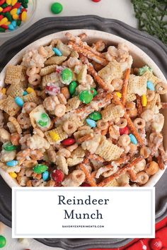 Reindeer Munch is the ultimate holiday season snack mix – crunchy, sweet, and just the right amount of salty! Fun to make with the kids! Reindeer Mix Recipe, Snack Mix Recipes Sweet And Salty, School Holiday Snacks, Reindeer Munch, Christmas Munch, Reindeer Crunch, Snack Mix For Kids, Reindeer Snack, Peanut Clusters In Crockpot