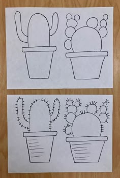 two drawings of cactuses in pots on top of a wooden table next to each other