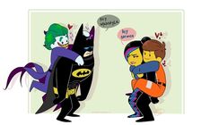 two cartoon characters dressed as batman and jokergirl, one is hugging the other's chest