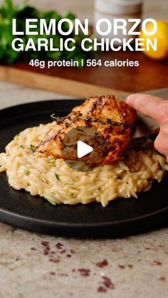 someone is cutting up some chicken on top of pasta with the words lemon orzo garlic chicken