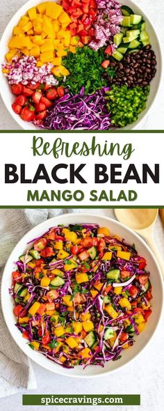 a white bowl filled with black bean mango salad next to another bowl full of vegetables