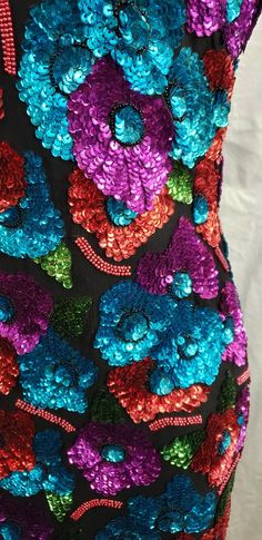 1980’s multicolor sequinned silk dress .Tropical flowers in sewn sequin with shoulderpads.Excellent condition. Blondie Concert, Sequined Dress, Wedding Costumes, Glitter Dress, Tropical Flowers, Costume Design