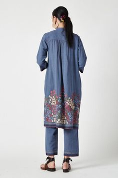 Blue kurta with floral embroidered motifs on hem, striped pattern and pleated bodice. Comes with pant. - Aza Fashions Traditional Spring Pants With Printed Motifs, Cotton Sets With Embroidered Border, Festive Blue Pants With Floral Embroidery, Spring Cotton Sets With Embroidered Hem, Unstitched Cotton Bottoms For Spring, Festive Cotton Sets With Embroidered Hem, Blue Cotton Sets With Floral Embroidery, Spring Cotton Pants With Resham Embroidery, Blue Cotton Bottoms With Embroidered Hem