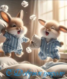 two rabbits are jumping in the air with their mouths open while wearing pajamas and holding pillows