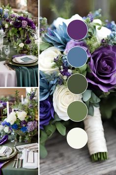 the table is set with purple and white flowers, greenery, silverware, napkins, and candles