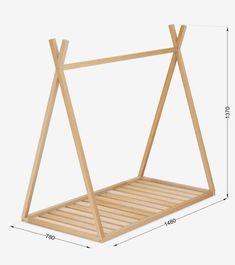 a wooden bed frame with two triangles on the bottom and one triangle at the top