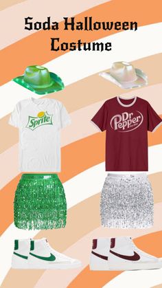 an advertisement for soda halloween costumes with green and white shoes, hats, and t - shirts