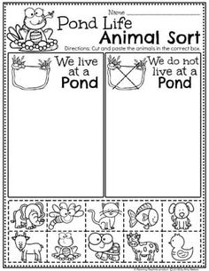 the pond life animal sort worksheet is shown in black and white, with animals inside