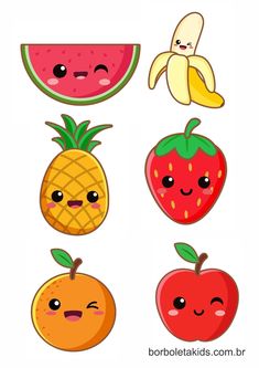 four different fruits with faces on them and one has a banana, watermelon, apple