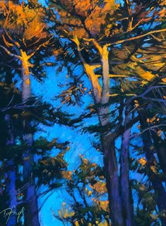 an oil painting of trees with blue sky in the background