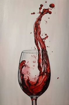 a painting of a wine glass being filled with red liquid