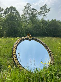 a round mirror sitting in the middle of a field