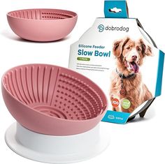 the bowl is pink and has a dog on it