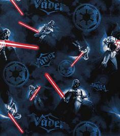 star wars fabric with lightsabes and darth vader characters on black background