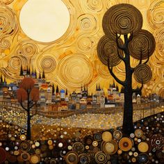 an artistic painting with circles and trees in the foreground, against a yellow sky