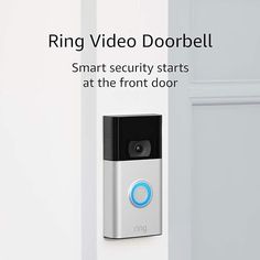 the ring video door bell is on display in front of an open door with text that reads, smart security starts at the front door