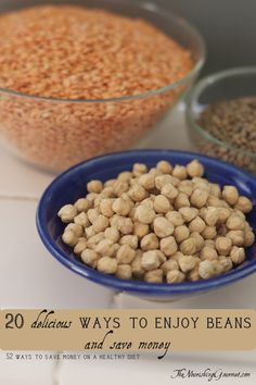 three bowls filled with different types of beans on top of a white counter next to each other