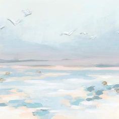 a painting of birds flying over the ocean