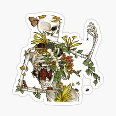 a skeleton with flowers and leaves on its body sticker is shown in white background