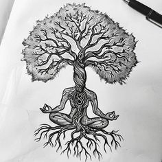 a drawing of a tree with roots and a person sitting in the middle on top of it