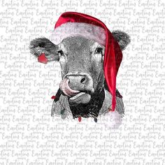 a cow wearing a santa claus hat on it's head