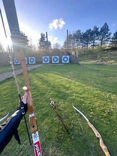 someone is holding up their bow in front of the target on the field with arrows