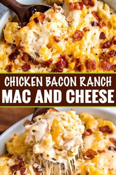 chicken bacon ranch mac and cheese in a white casserole dish