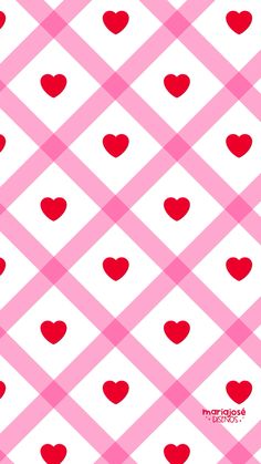 red hearts on white and pink checkered background