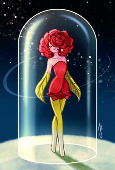 a woman in a red dress is under a glass dome with a rose on it