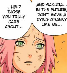 an anime character with pink hair has two speech bubbles over his head and says help those in the future, you truly don't have a dying granny like me