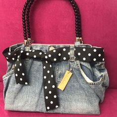 Found In Our Sample Closet. Brand Is Cheeky And It Is Very Cute. Handmade From Denim Jeans! Has A Black Beaded Double Handle And A Magnetic Closure. A Conversation Piece. Pink Lining And Structured Inside With Is Gray For Stablitity. Belt Is Blk W/ Pink Dots. Casual Black Denim Shoulder Bag, Casual Black Denim Bag, Black Denim Tote Shoulder Bag, Black Denim Shoulder Bag For Everyday Use, Black Denim Bags For Daily Use, Black Trendy Denim Bag, Trendy Black Denim Bag, Black Denim Bags For Everyday Use, Everyday Black Denim Bag