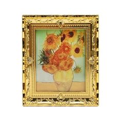 a painting of sunflowers in a yellow vase on a white background with gold frame