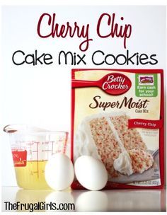 the ingredients for cherry chip cake mix are shown