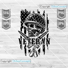 the vietnam veteran skull with crossed swords and an american flag is on top of a wooden background