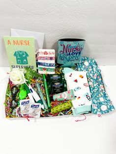 the contents of a nurse's care kit laid out on a white table top