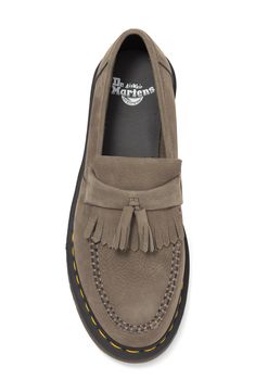 A fringe detailed upper elevates this cult-classic tassel loafer, updated with a comfortable AirWair sole and yellow branding signature to the always cool Dr. 1 1/4" heel Leather upper/textile lining/rubber sole Imported Men’s Loafers, Mens Fashion 40 Year Old, Tuff Outfits, Dr Martens Loafers, Yellow Branding, Dr Martens Adrian, Masculine Clothing, Gents Shoes, Y2k Shoes