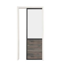 an open glass door with wood paneling on the side and white trimmings