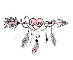 a drawing of an arrow with hearts and arrows hanging from it's end, on a white background