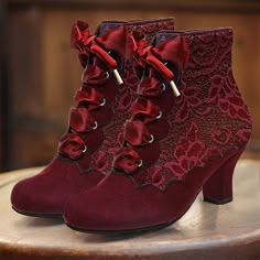 Category:Boots; Upper Materials:Lace; Embellishment:Lace; Season:Spring,Fall,Winter; Heel Type:Kitten Heel; Gender:Women's; Toe Shape:Round Toe; Type:Booties Ankle Boots; Style:Fashion,Elegant,Vintage; Heel Height(inch):1-2; Outsole Materials:Rubber; Occasion:Party,Valentine's Day,New Year,Outdoor; Closure Type:Lace-up; Listing Date:12/19/2023; 2024 Trends:Plus Size,Heel Boots Steampunk Costumes, Boots Plus Size, Victorian Shoes, Cheap Ankle Boots, Glamour Vintage, Wedding Boots, Suede High Heels, Vintage Boots, Fabulous Shoes