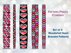 three bracelets with hearts on them and the words, set of 5 wonderful heart bracelet patterns