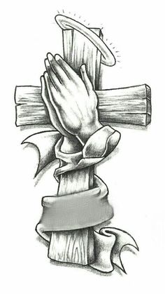 a drawing of a cross with hands on it