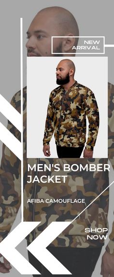 AFIBA Camouflage Men's Bomber Jacket. Add a little zing to your wardrobe with this vibrant All-Over Print Bomber Jacket. • 100% polyester • Fabric weight: 6.49 oz/yd² (220 g/m²), weight may vary by 5% • Brushed fleece fabric inside • Unisex fit • Overlock seams • Sturdy neck tape • Silver YKK zipper • 2 self-fabric pockets • Blank product components sourced from the US and China 😀For more collection, click link on the image. #afiba #afibacamo #afibacamouflage #menscamojacket #camojacket #camo