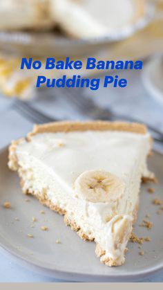 a slice of banana pudding pie on a plate with the text overlay above it